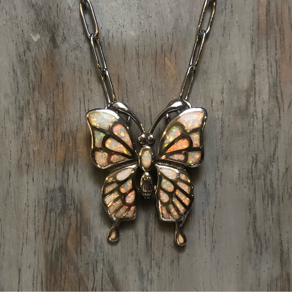 White Fire Opal Silver Butterfly Necklace - Picture 2 of 9